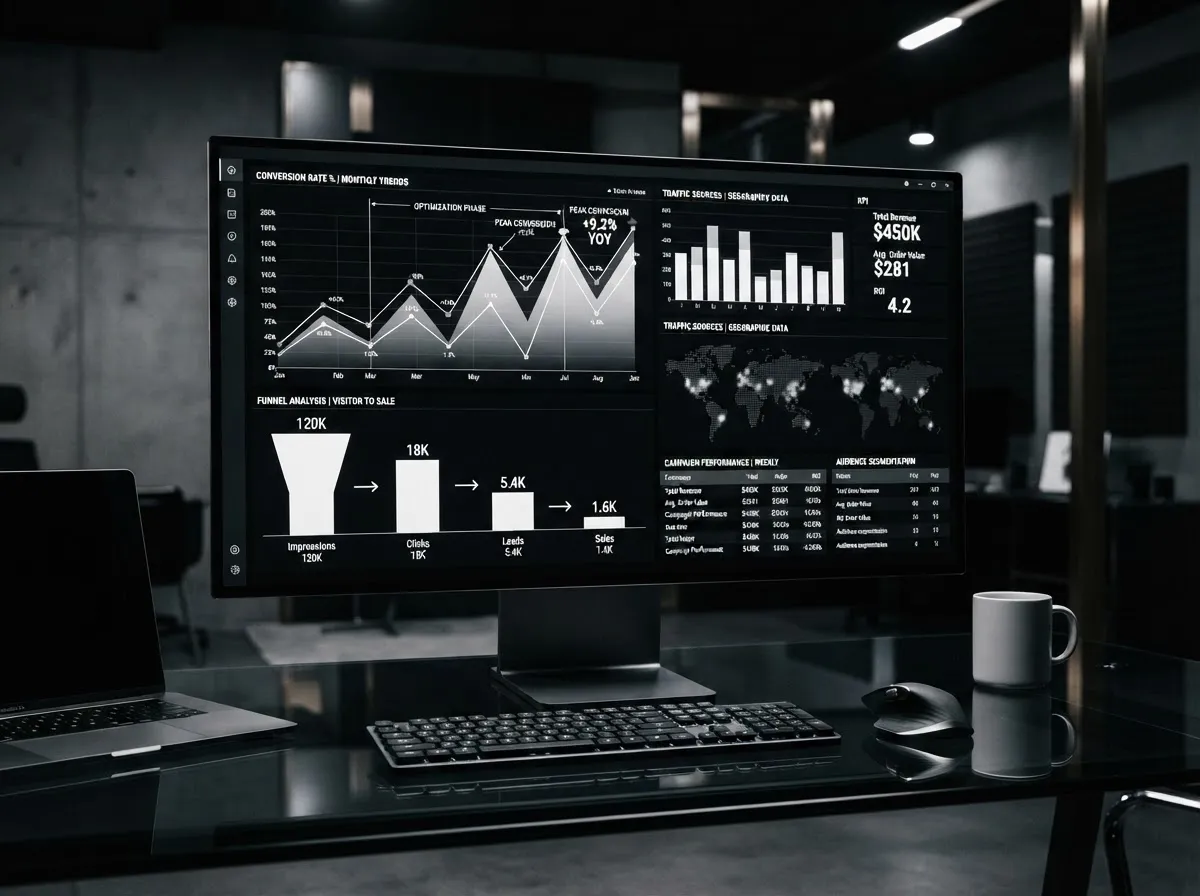 High-contrast clean analytical display demonstrating conversion tracking and algorithmic optimization