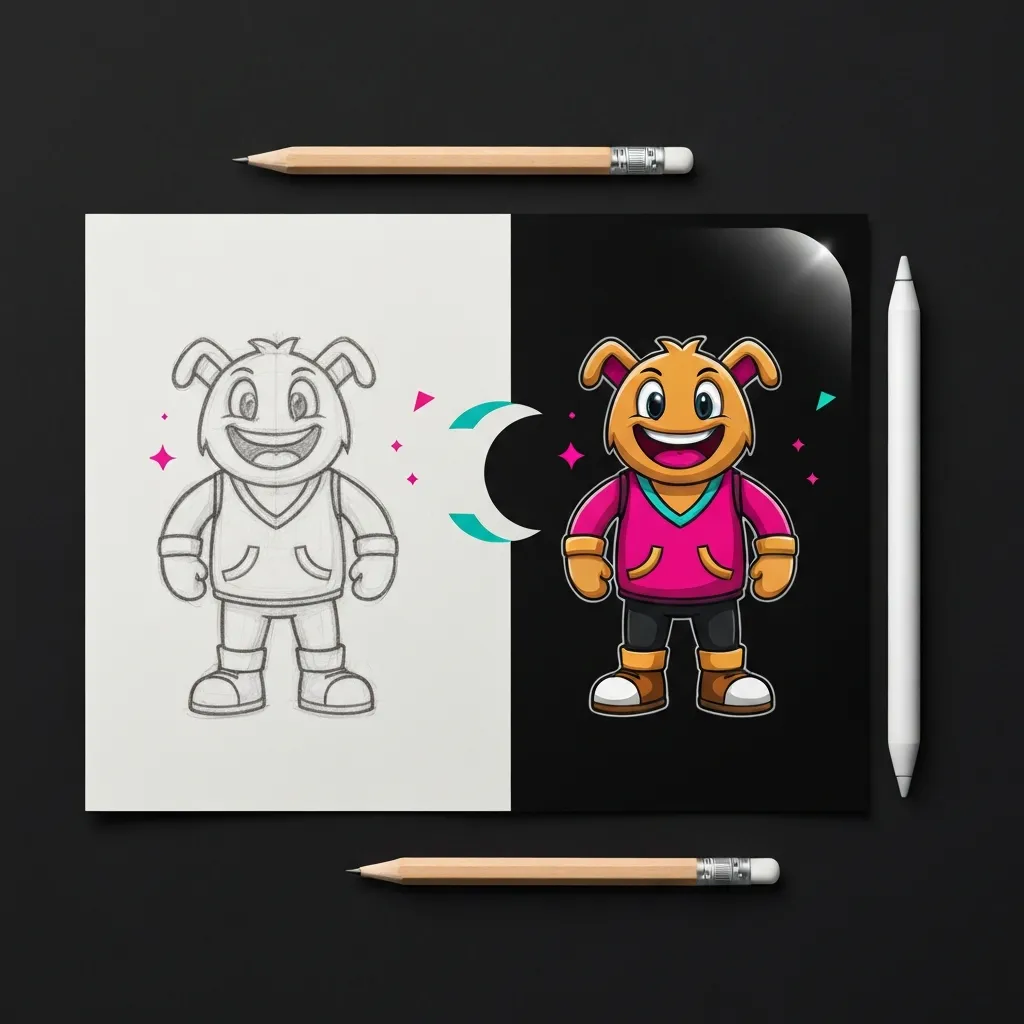 Pencil sketch transforming into polished vector art