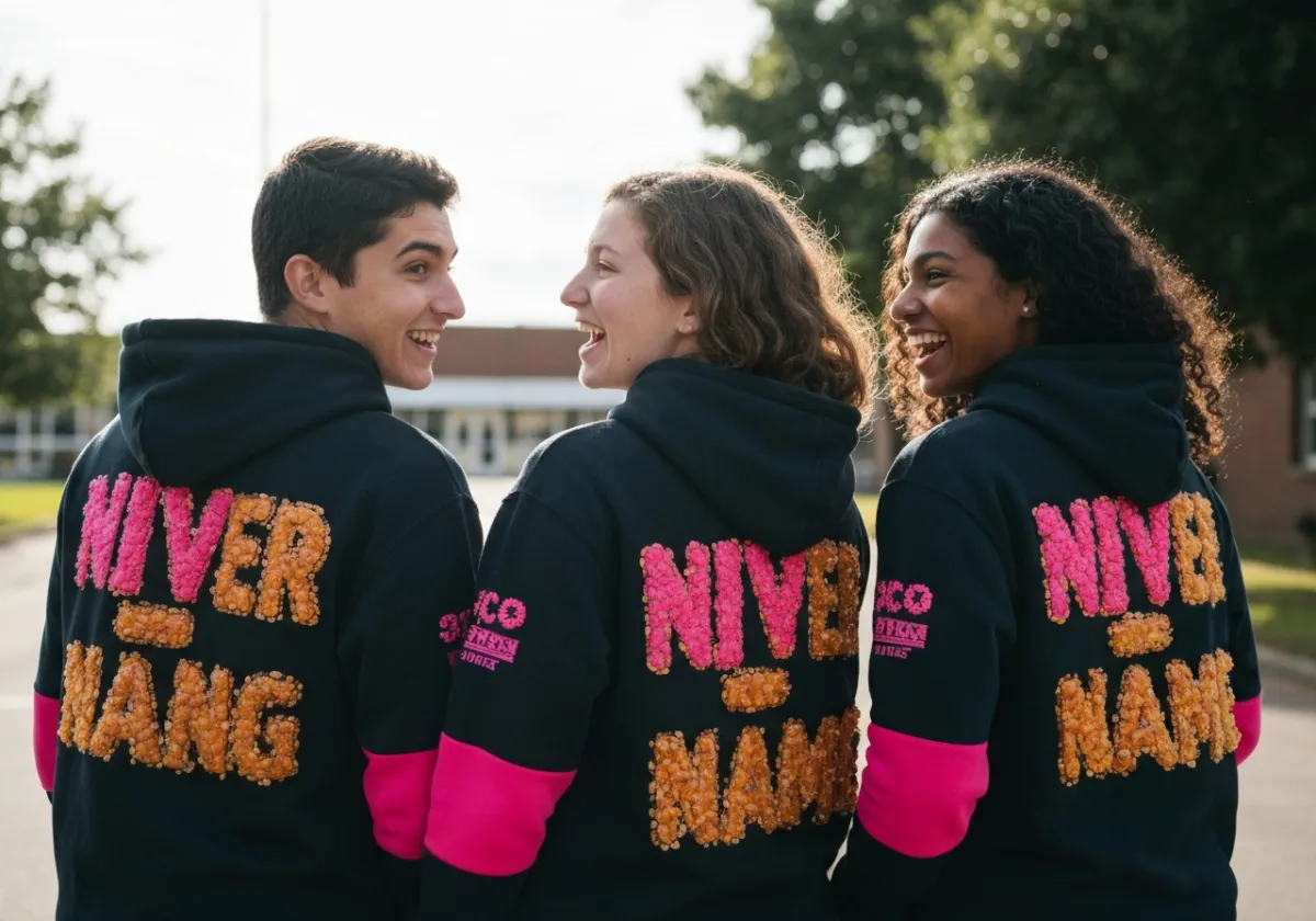 Group of friends showing off their custom nicknames on their hoodies