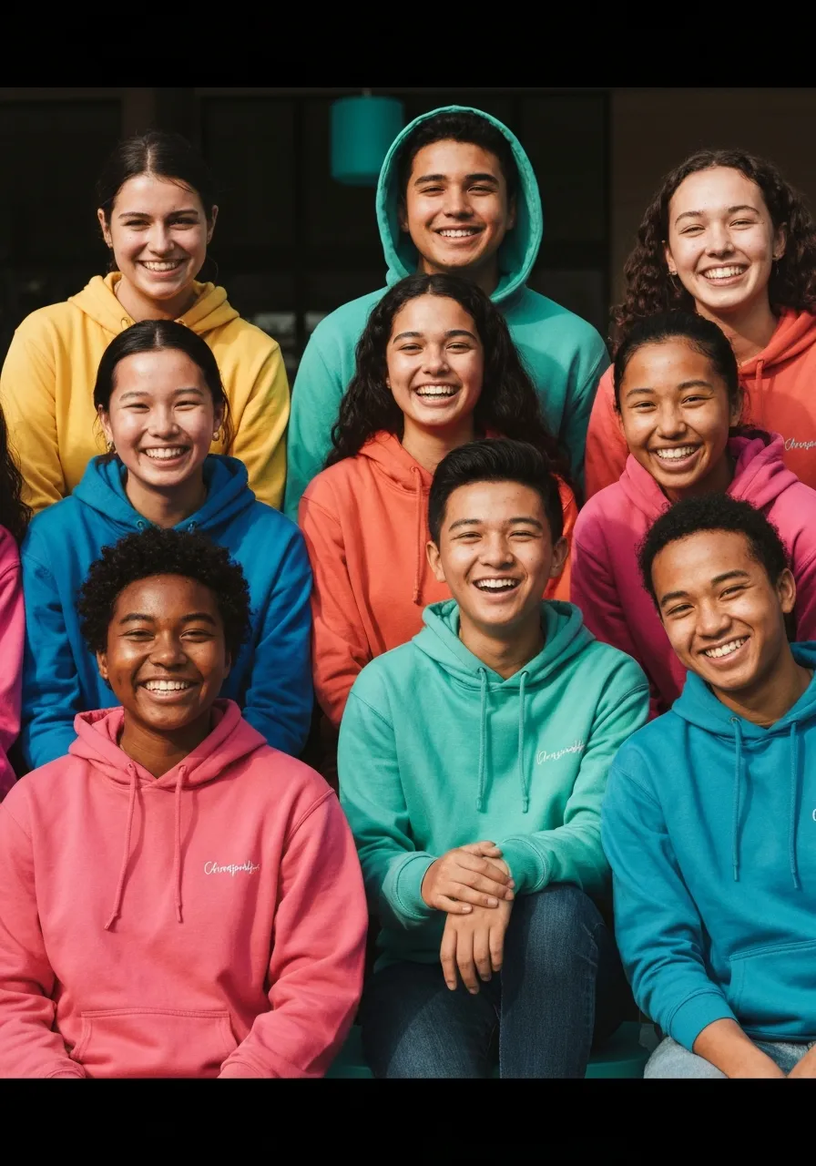 Happy school group wearing colorful custom hoodies