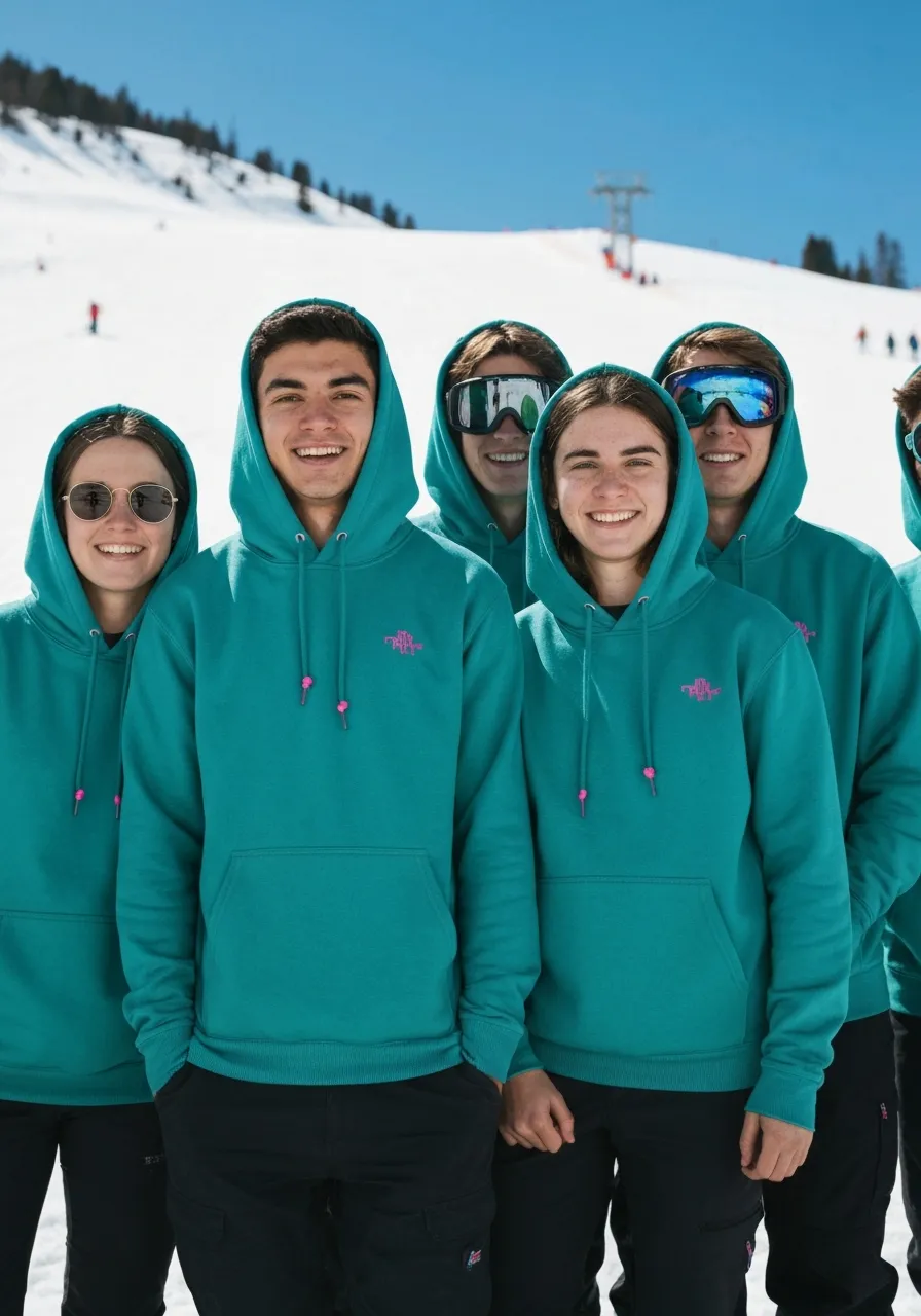 Students wearing matching hoodies on a school trip