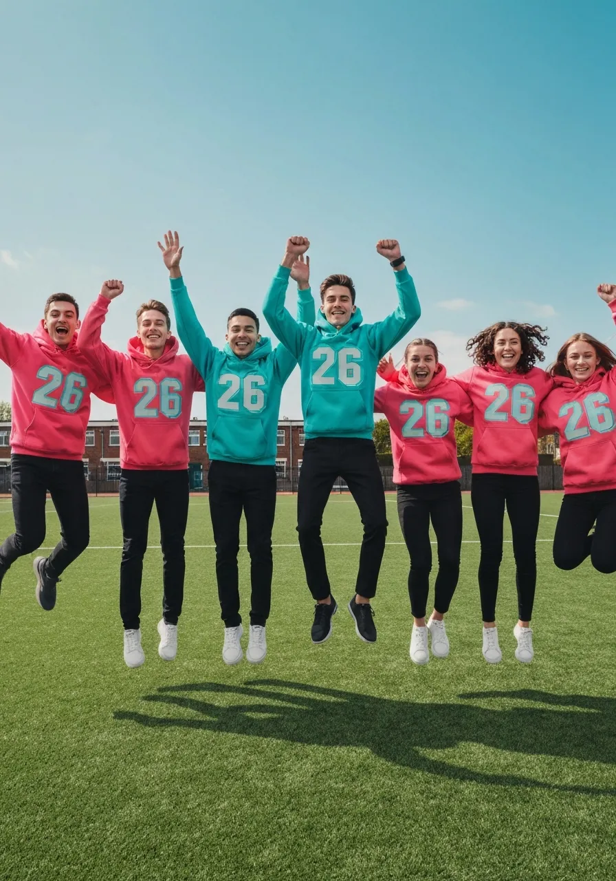 Group of students wearing custom leavers hoodies