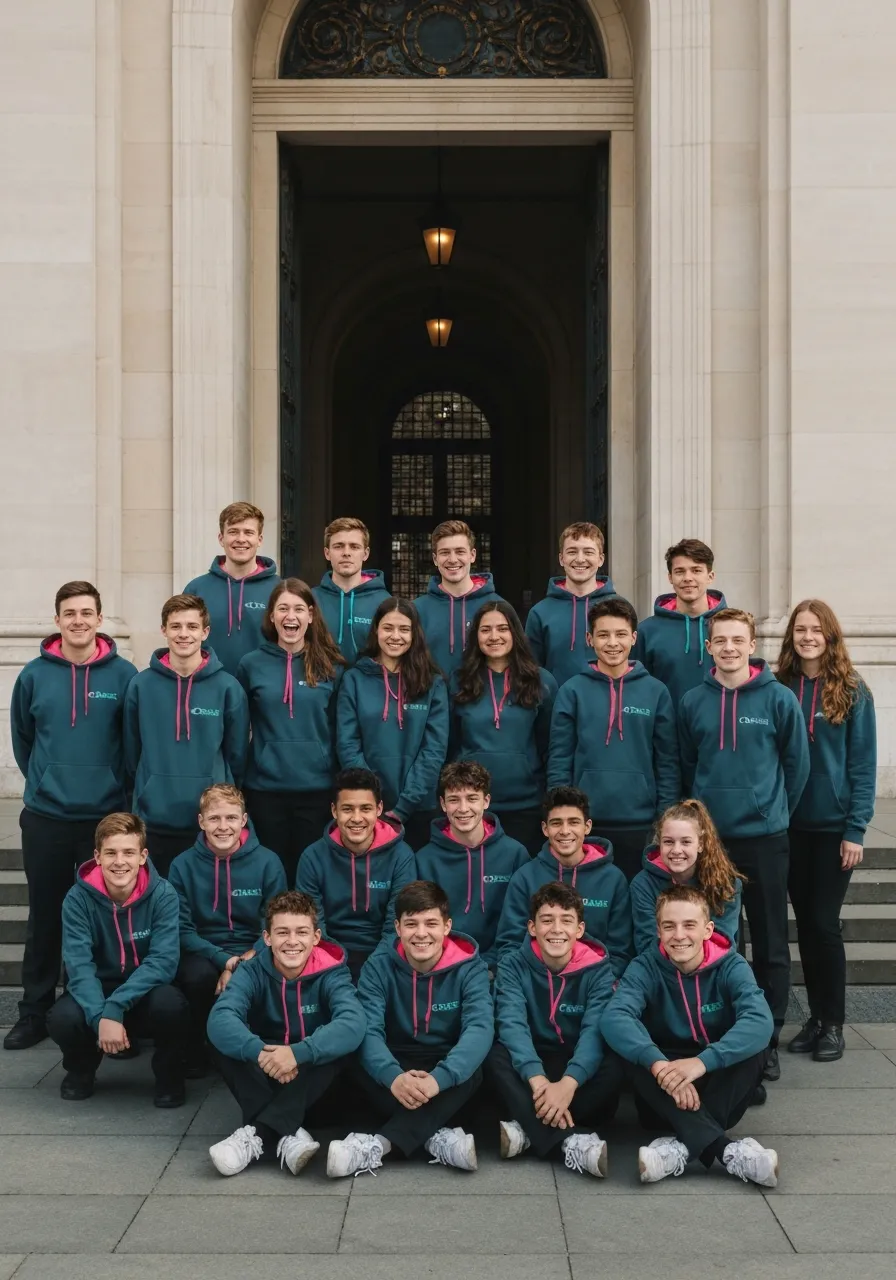 Students on a school trip wearing custom hoodies