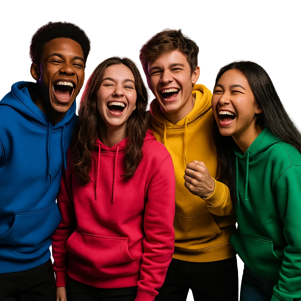 Excited school leavers wearing vibrant custom hoodies