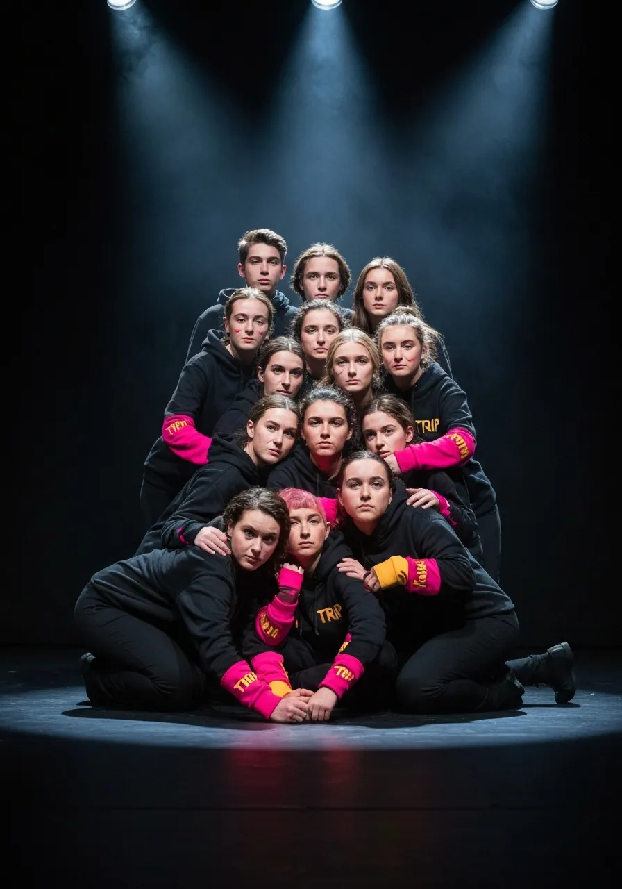 Theatre production cast in matching hoodies