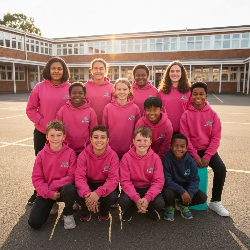 Cheerful students wearing JAMROLL hoodies together, illustrating school community spirit
