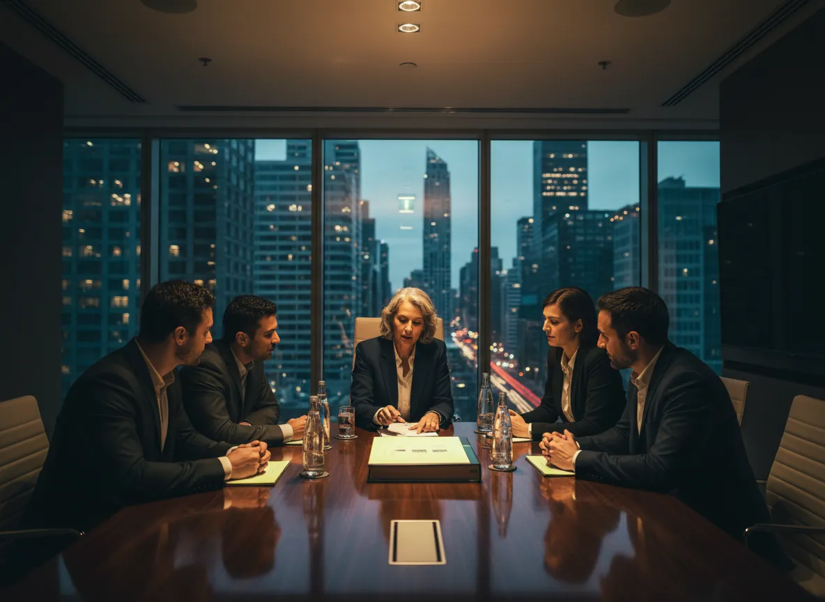 Executive team reviewing a WFM strategy document and roadmap in a boardroom