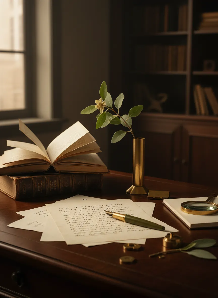 A student's workspace featuring clinical notes, a notebook, and soft natural lighting representing homeopathic study