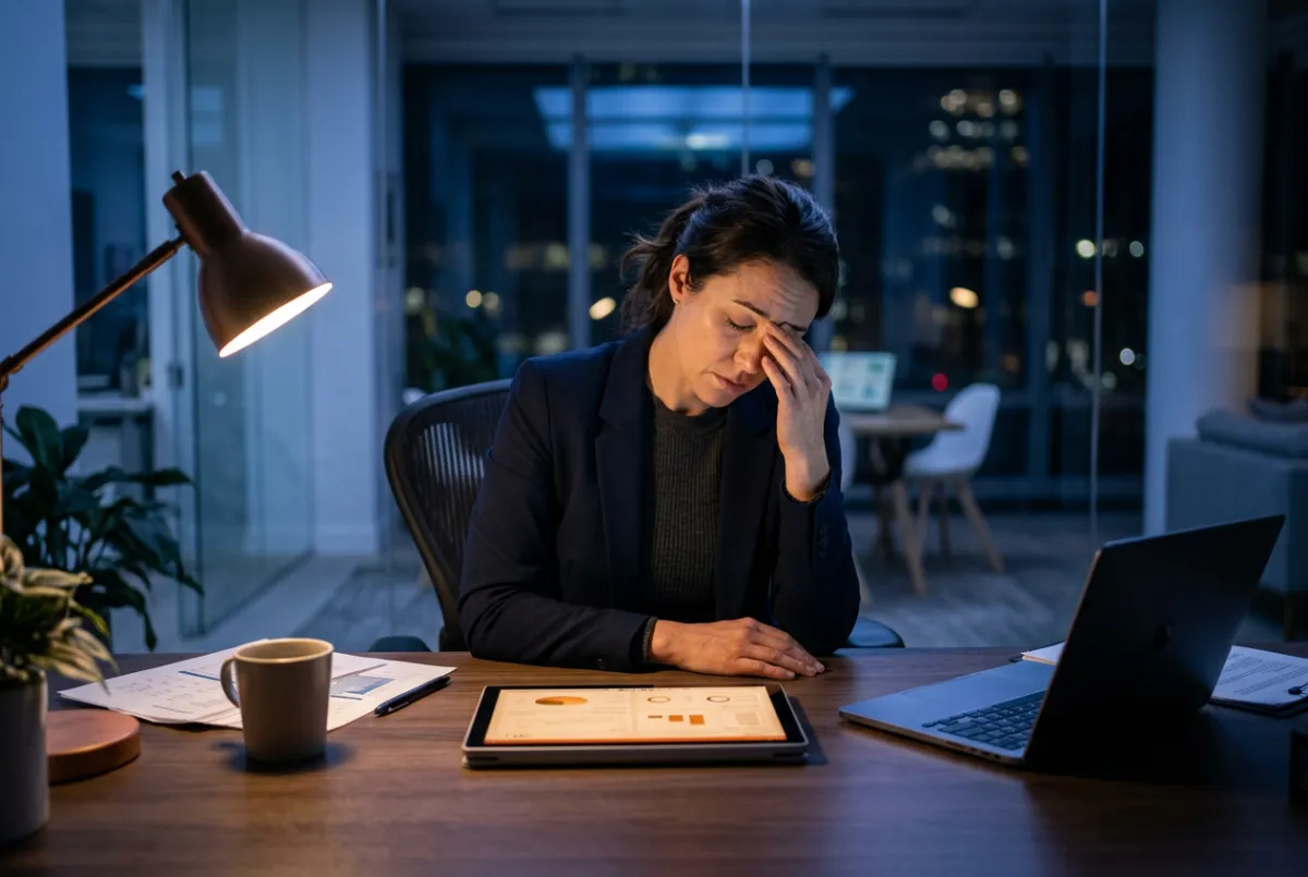 Exhausted professional late at night trying to figure out the right next steps alone