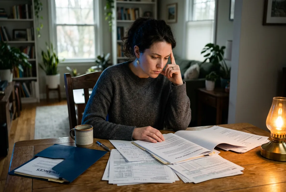 Stressed person looking over complex paperwork and feeling uncertain