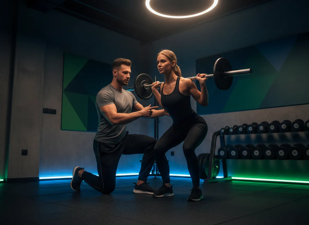 Personal trainer coaching client during strength training at AXIS Fitness