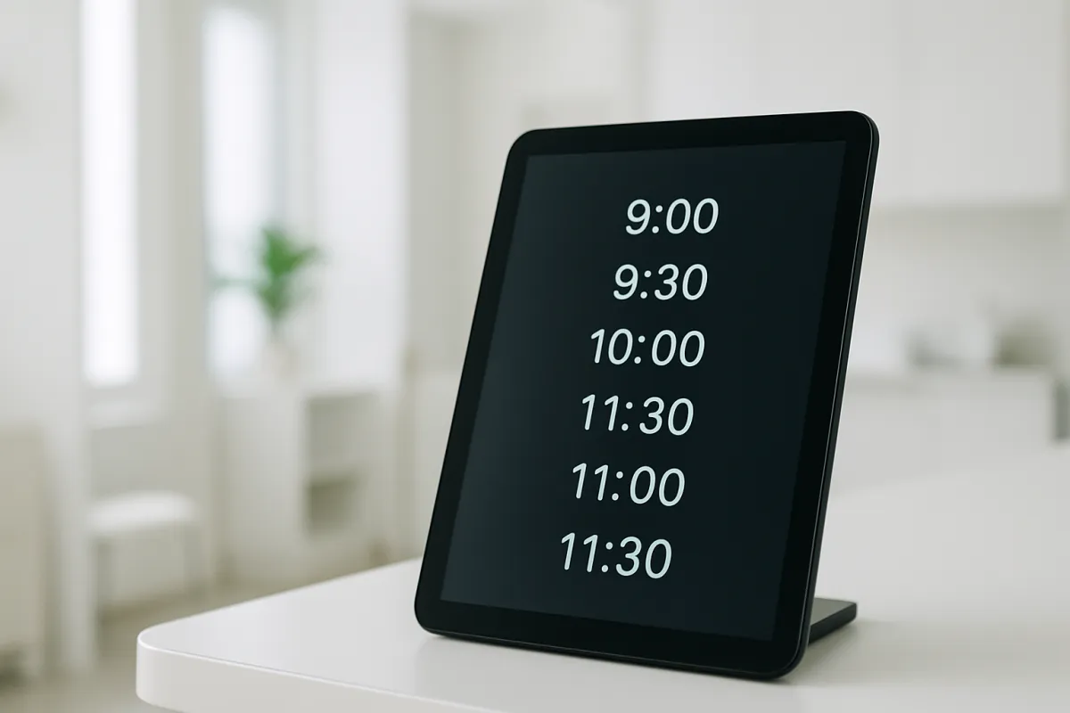 Tablet at clinic reception showing appointment times