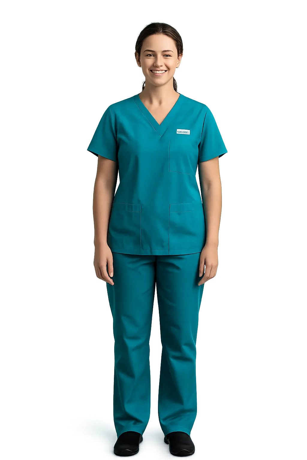 Smiling dentist in teal scrubs with transparent background