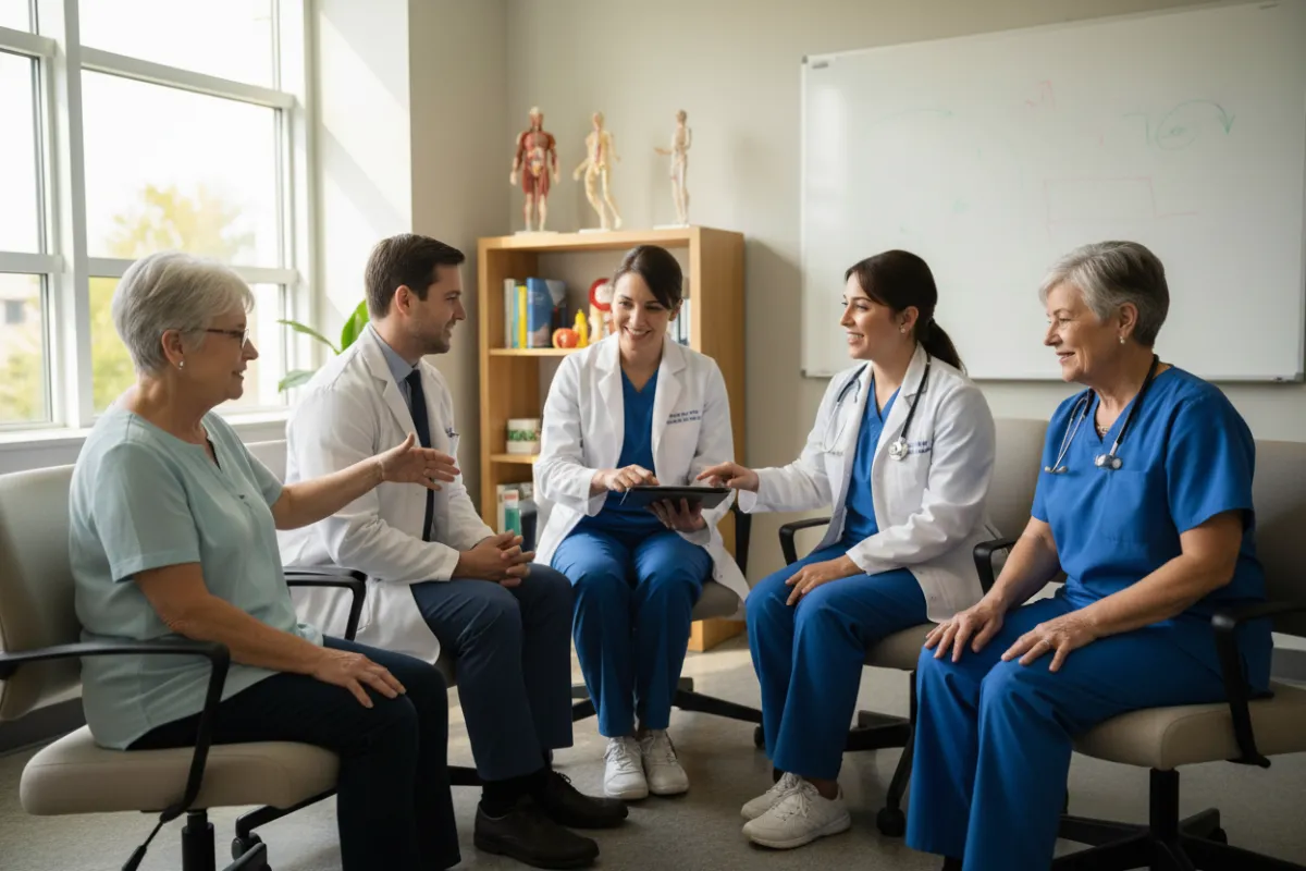 Equipo de profesionales de la salud revisando material de formación en geriatría