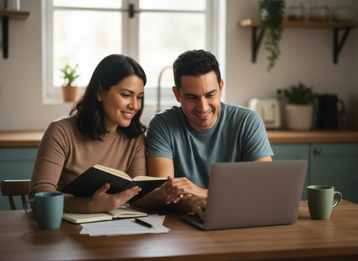 Pareja cristiana conversando en paz sobre finanzas