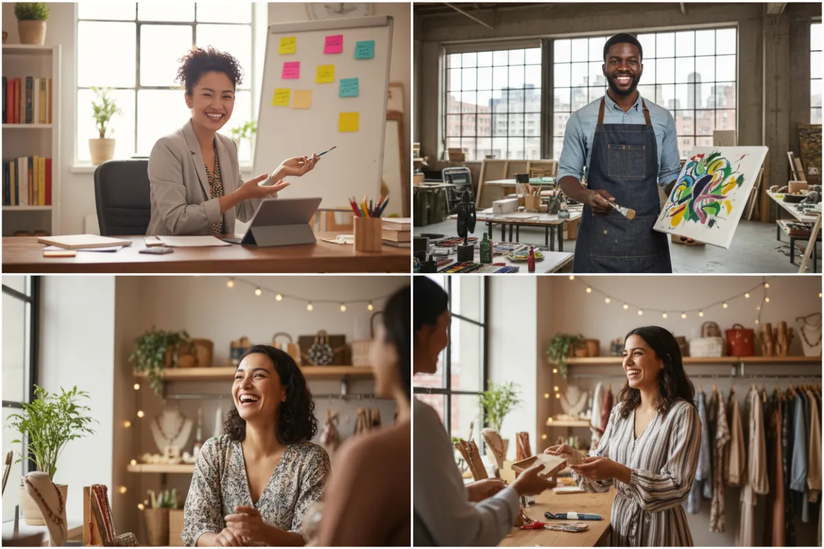 A collage of diverse entrepreneurs smiling in their workspaces, including a home office, a creative studio, and a retail shop. Each person is engaged in their business, radiating confidence and satisfaction.