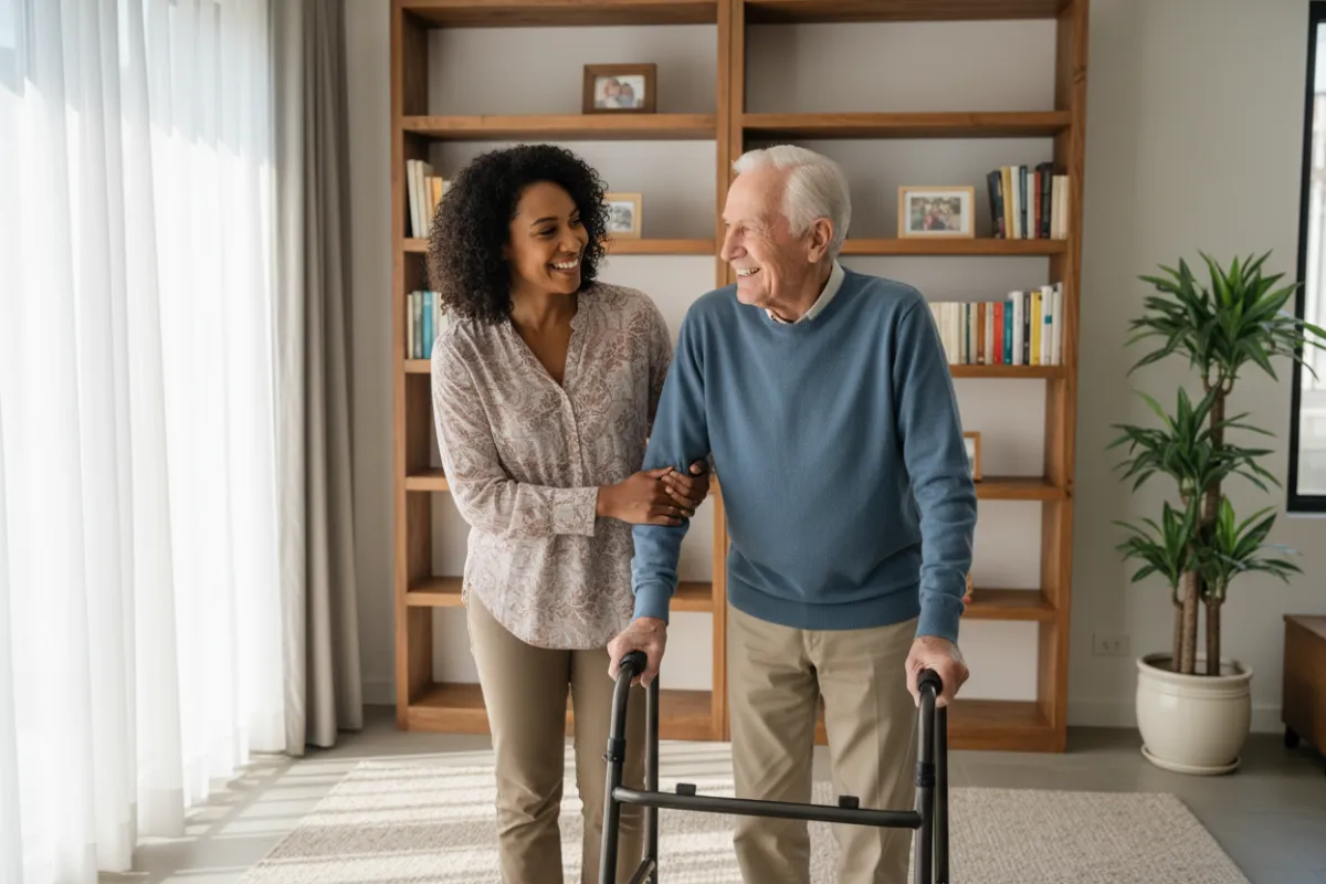 A diverse adult woman gently assisting an elderly man with a walker in a sunlit living room, both smiling, with a bookshelf and potted plant in the background. The scene conveys warmth, trust, and attentive caregiving.