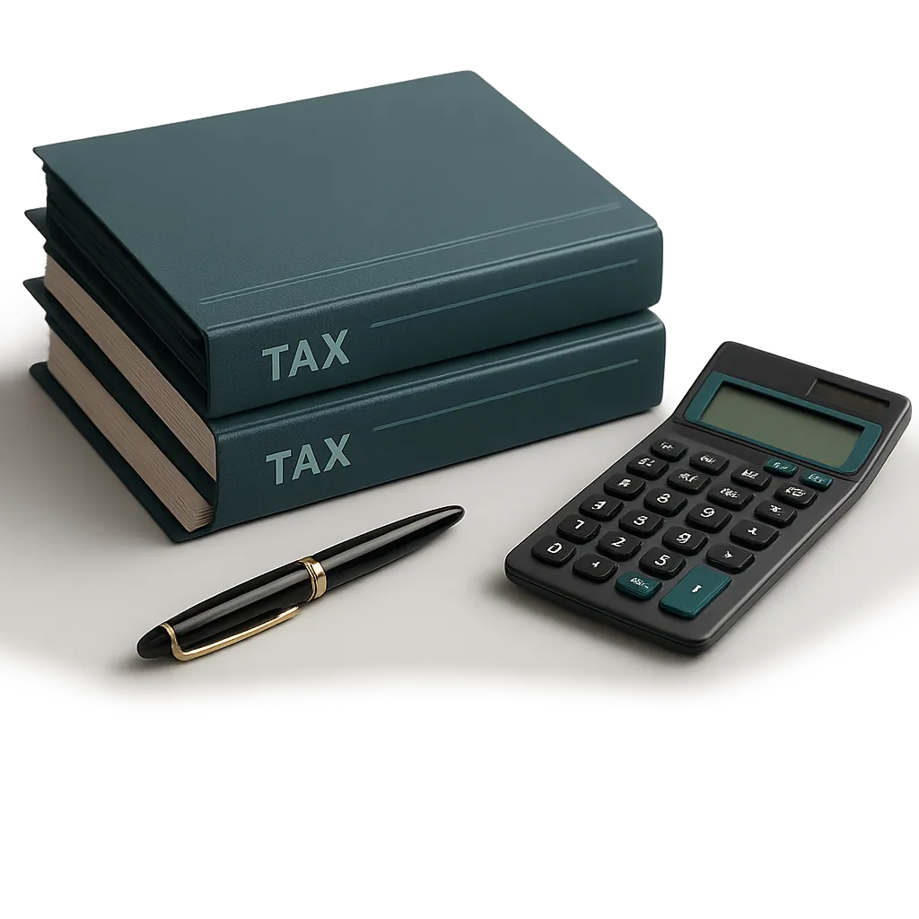 Organized professional financial documents, calculator, and tax preparation workspace