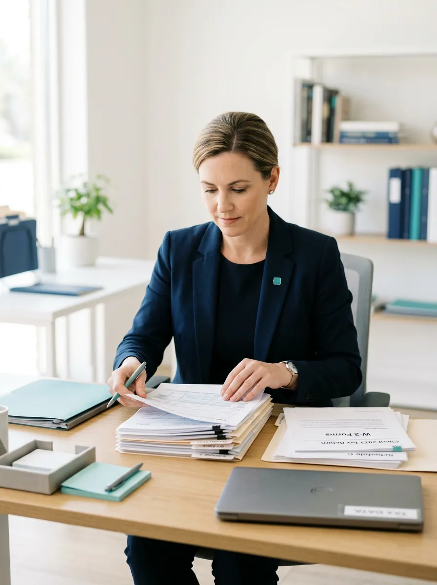 Professional accountant organizing tax documents and client paperwork with systematic clarity