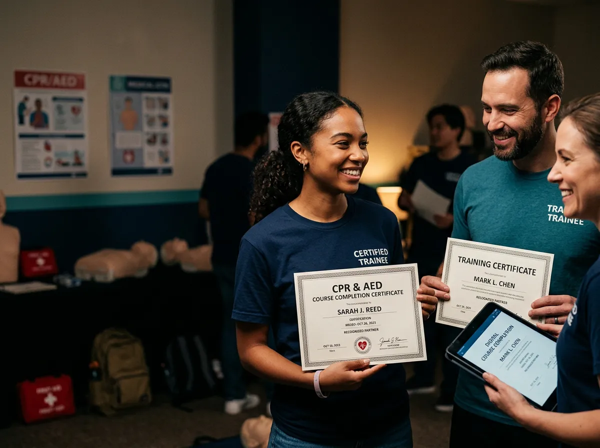 Certified CPR trainees receiving digital certification credentials and course completion documentation