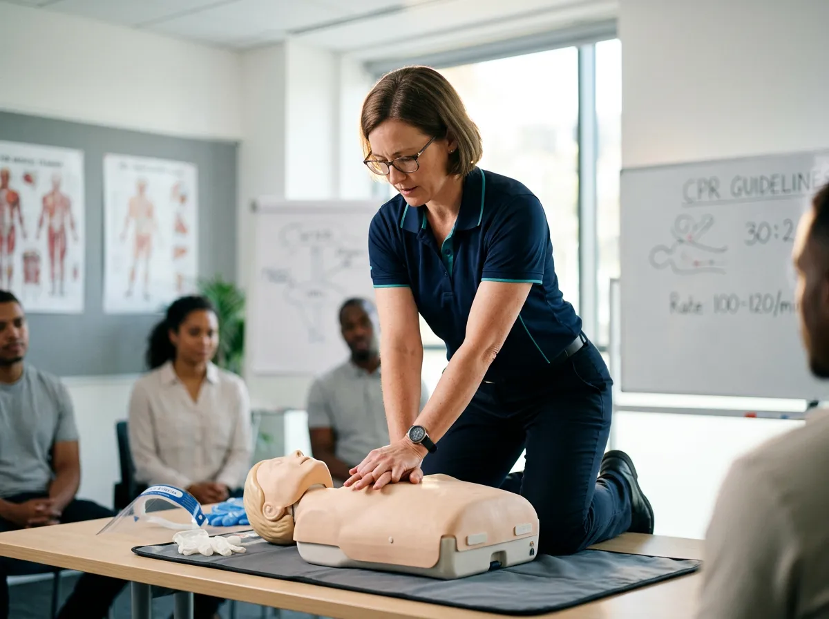 Medical instructor demonstrating CPR chest compression techniques on training manikin in modern classroom