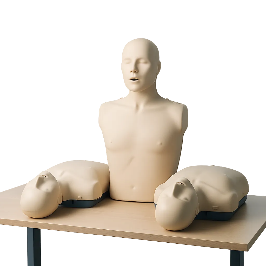 Professional CPR and First Aid training session with manikin and medical equipment