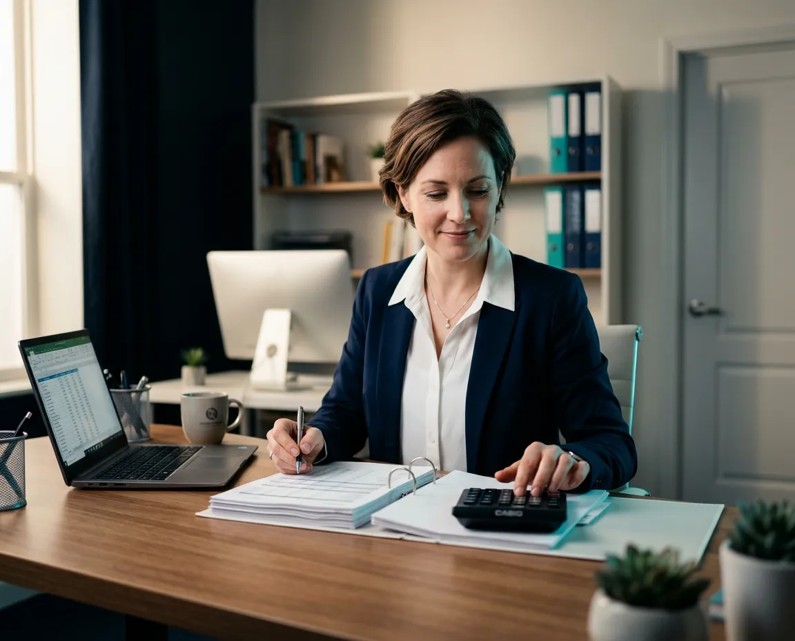 Professional accountant organizing financial spreadsheets and bookkeeping records in a modern office