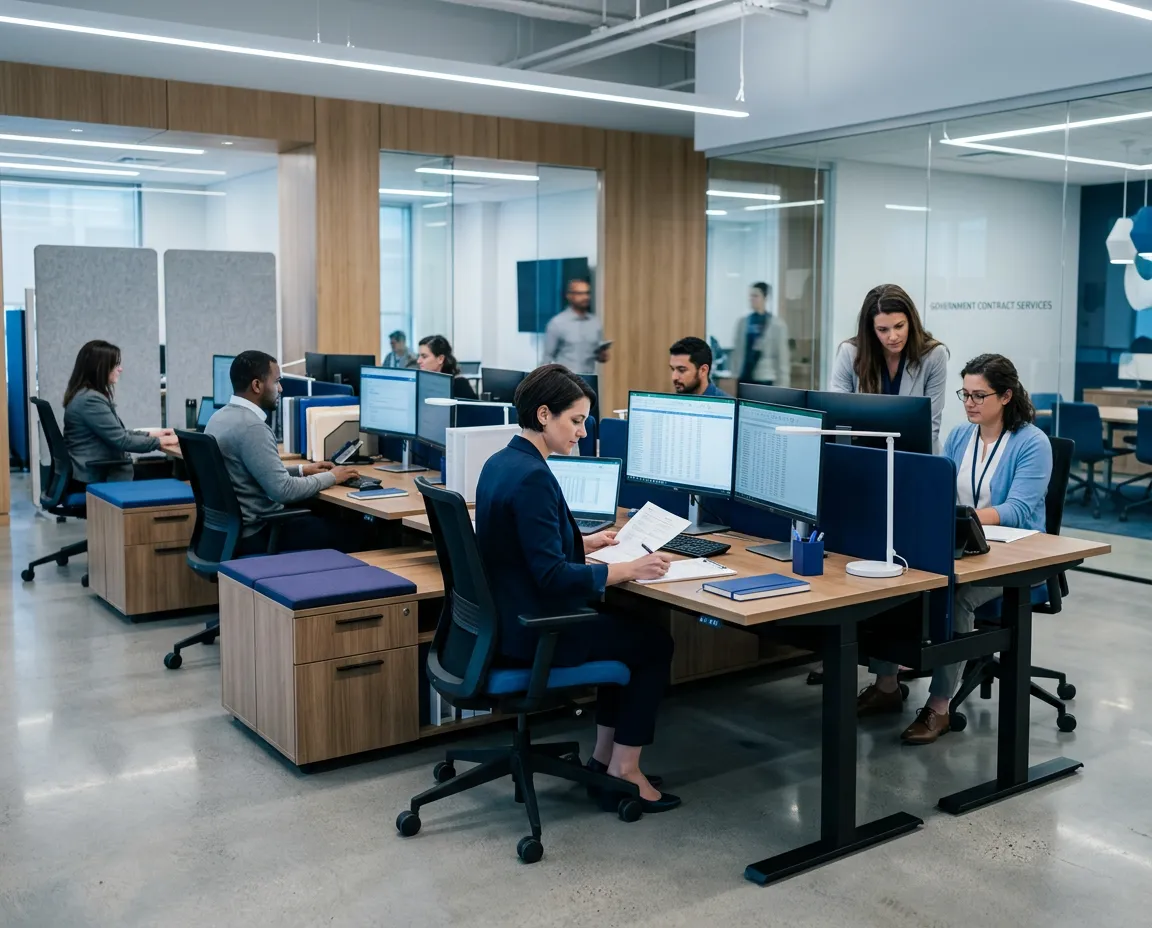Corporate federal procurement office environment with contract specialists