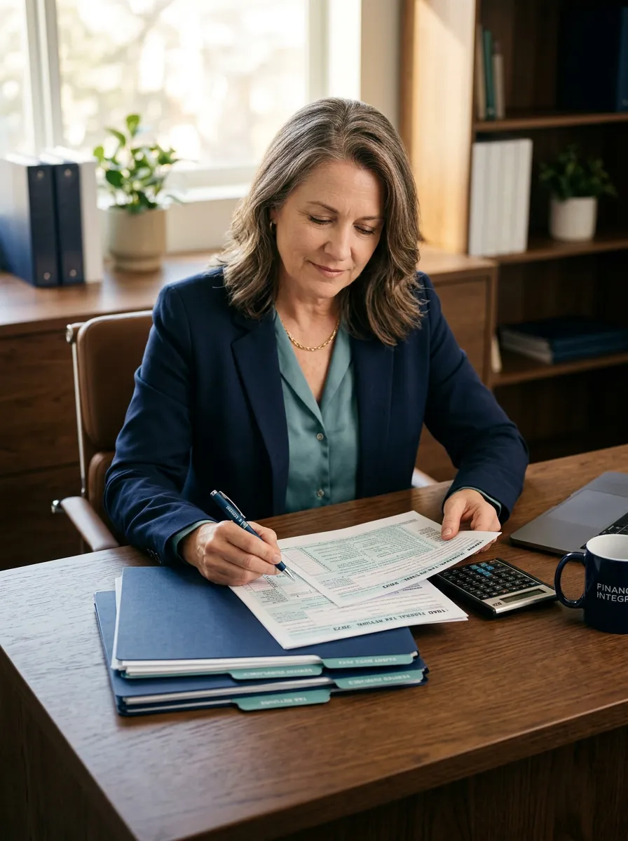 Professional tax advisor organizing verified paperwork and tax compliance documents