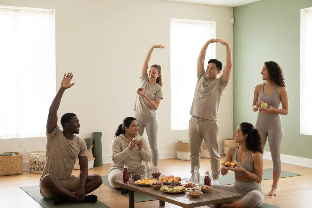 A diverse group of adults, each with a different body type and ethnicity, are gathered in a sunlit studio, engaging in gentle stretching and sharing healthy snacks. The background features soft cream and sage green tones, evoking a calm, welcoming wellness environment. The composition is candid and uplifting, emphasizing community and inclusivity.