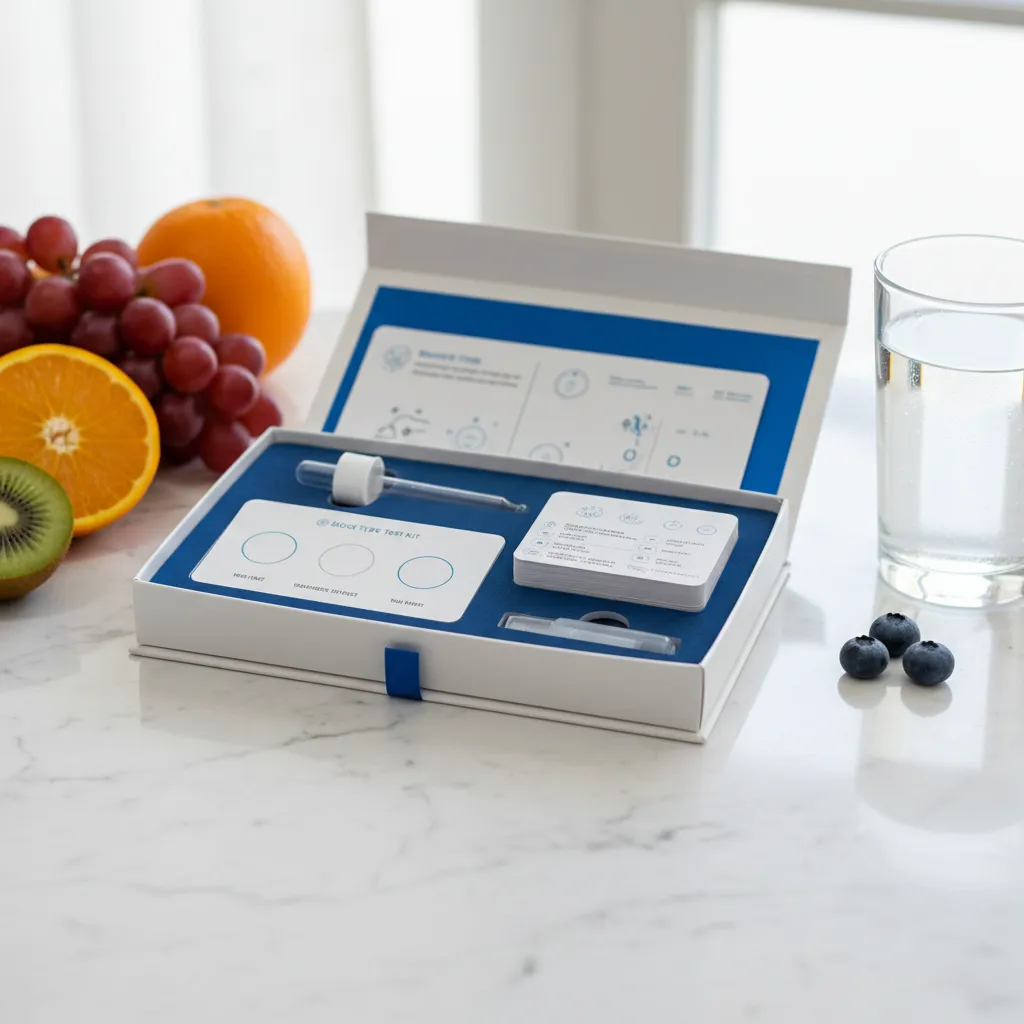 A modern blood type test kit, open on a marble countertop, with a small dropper, test card, and clear instructions, surrounded by fresh fruit and a glass of water.