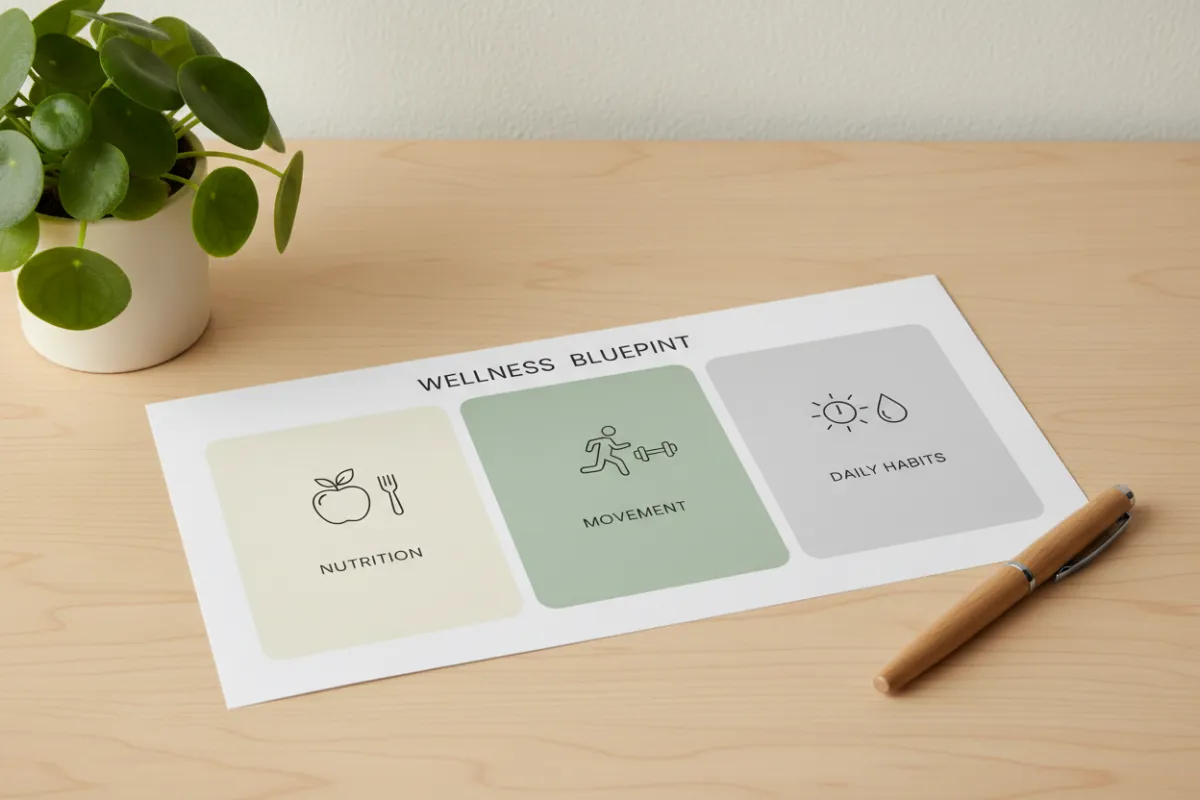 A detailed, color-coded wellness blueprint chart with icons for nutrition, movement, and daily habits, set on a clean desk with a pen and leafy plant nearby.