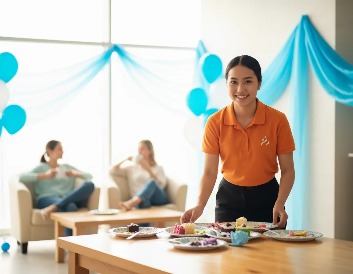Friendly staff member cleaning up party room while parents relax