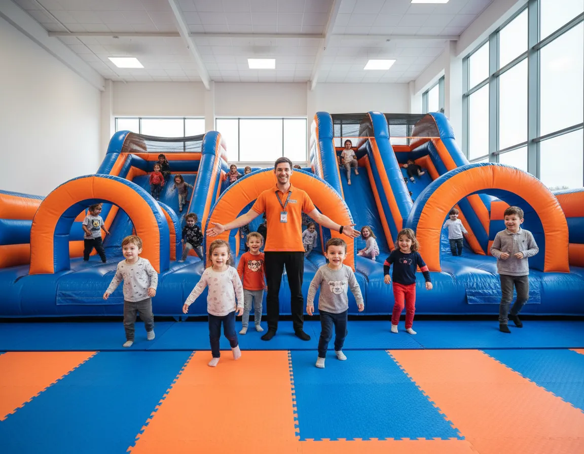 Children playing safely in supervised soft play inflatable area