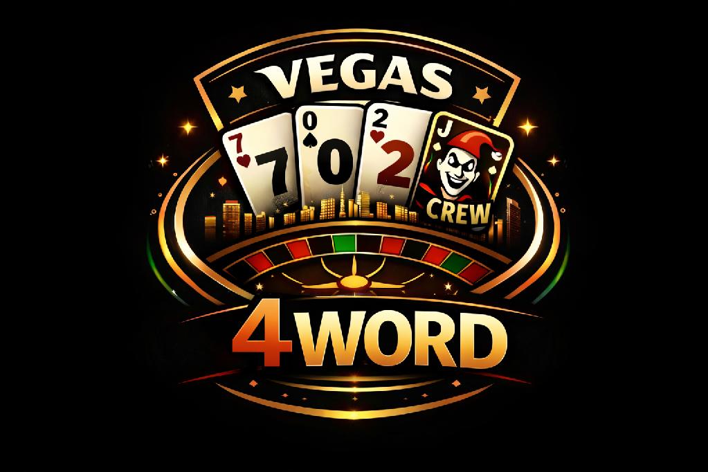 Vegas4Word Logo with Casino Cards, Roulette, and Skyline