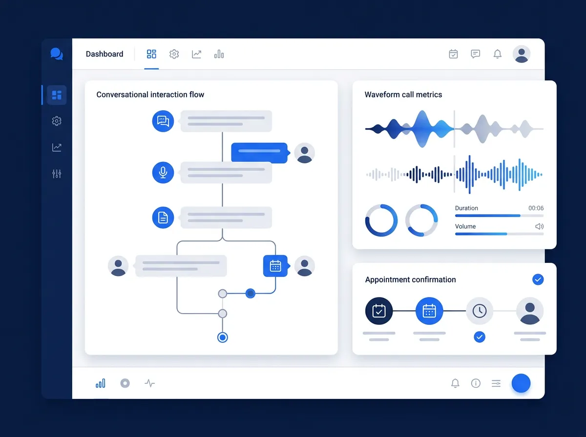 SaaS vector mockup interface illustrating conversational voice agent flow, wave metrics, and appointment calendar confirmation