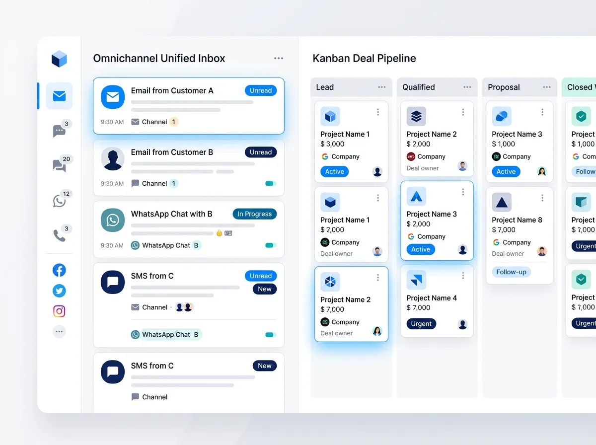 SaaS vector UI mockup showcasing omnichannel unified messaging streams alongside a Kanban deal pipeline board