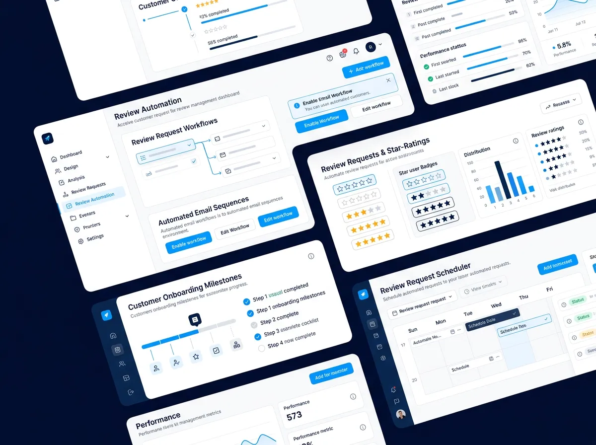 SaaS vector UI mockup illustrating automated customer review flows, 5-star rating badges, and onboarding deployment milestones