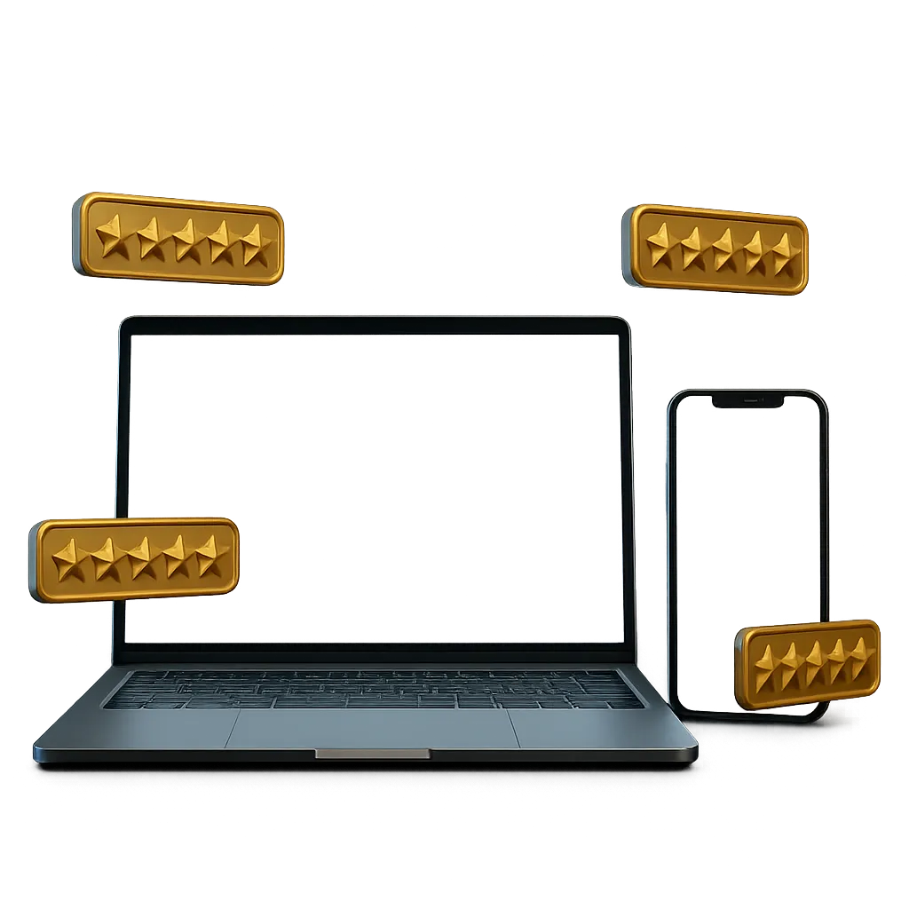 Visual cutout mockup of a clean small-business website displayed on a laptop and smartphone with Google 5-star review badges
