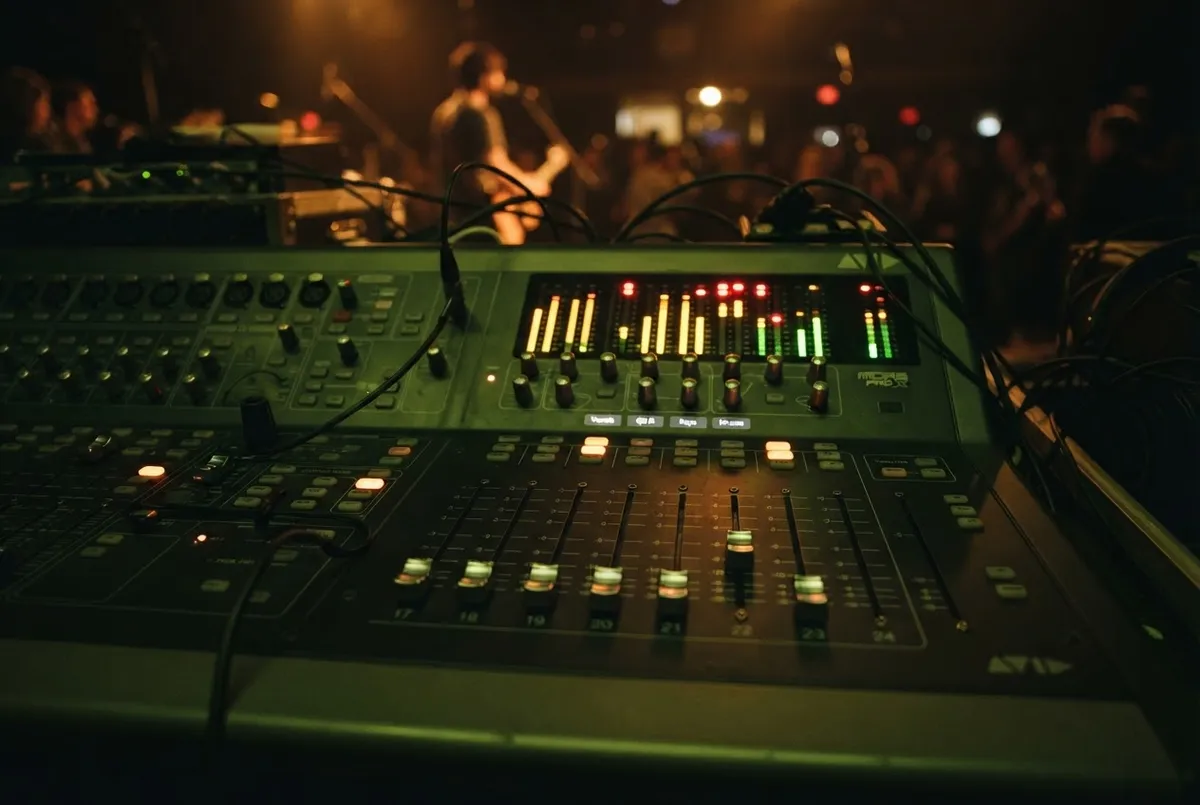 Soundboard audio equipment and stage acoustic instruments setup