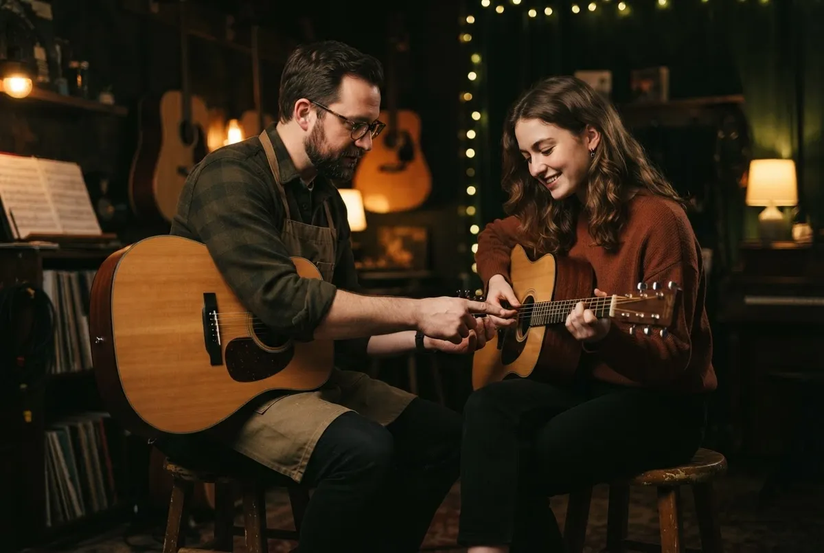 Dedicated acoustic instructor guiding a student in studio