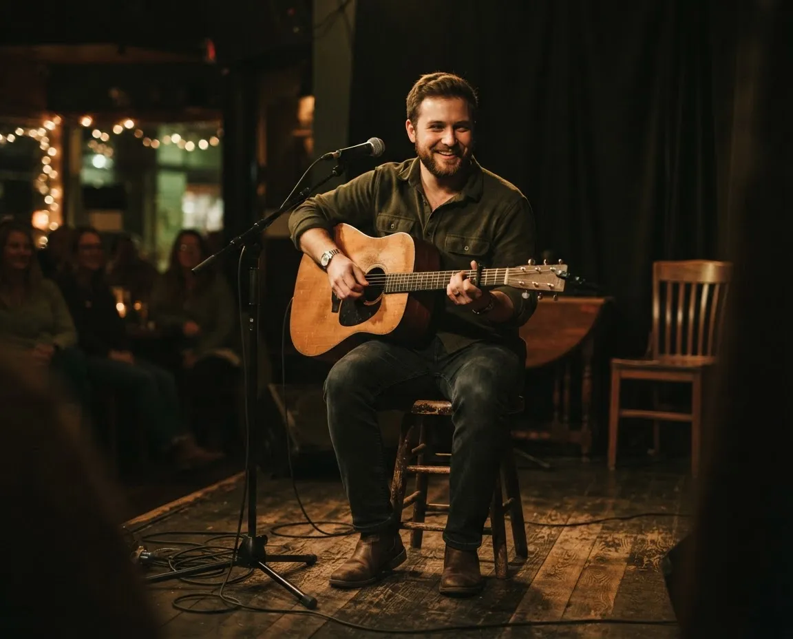 A local musician performing acoustically on a warm-lit neighborhood stage
