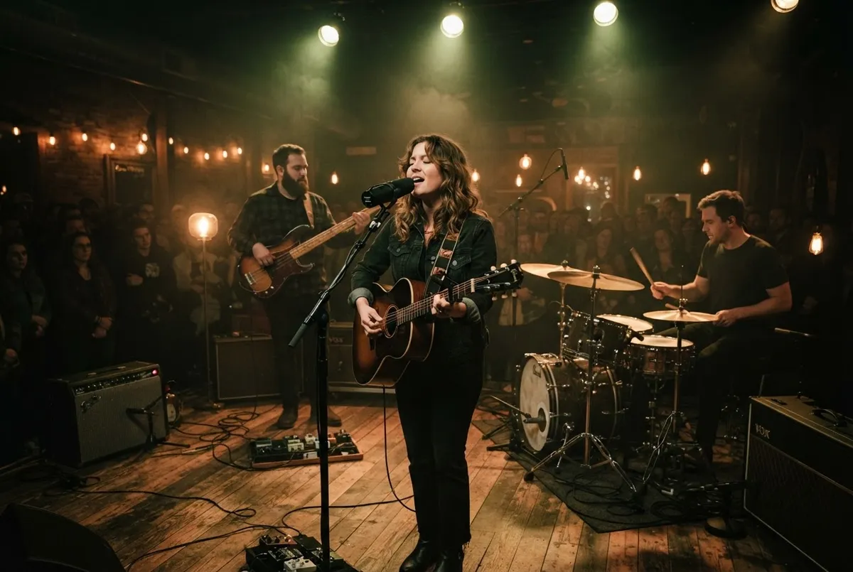 Musicians performing live on stage with warm sepia concert lighting
