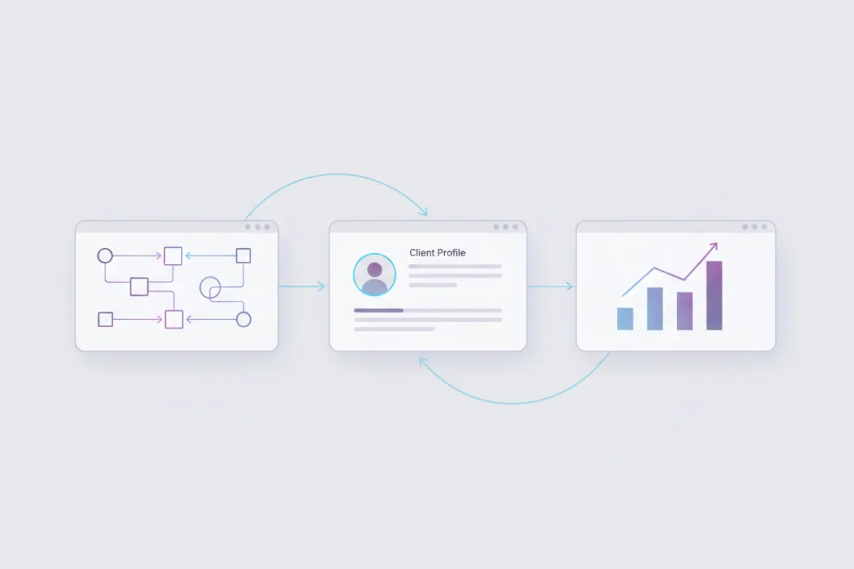 Minimal illustration of three connected interface panels: workflow automation, client profile, data chart, with blue and purple highlights on a soft gray background.
