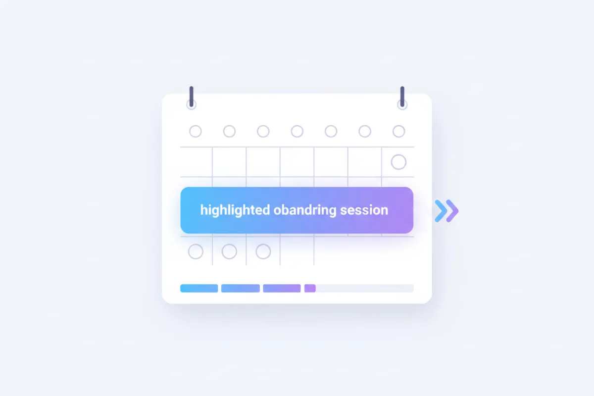 A minimal, modern calendar interface mockup with a highlighted onboarding session slot, blue and purple accents, and a clean white background. The design suggests a seamless scheduling experience for new users, with no extraneous elements.