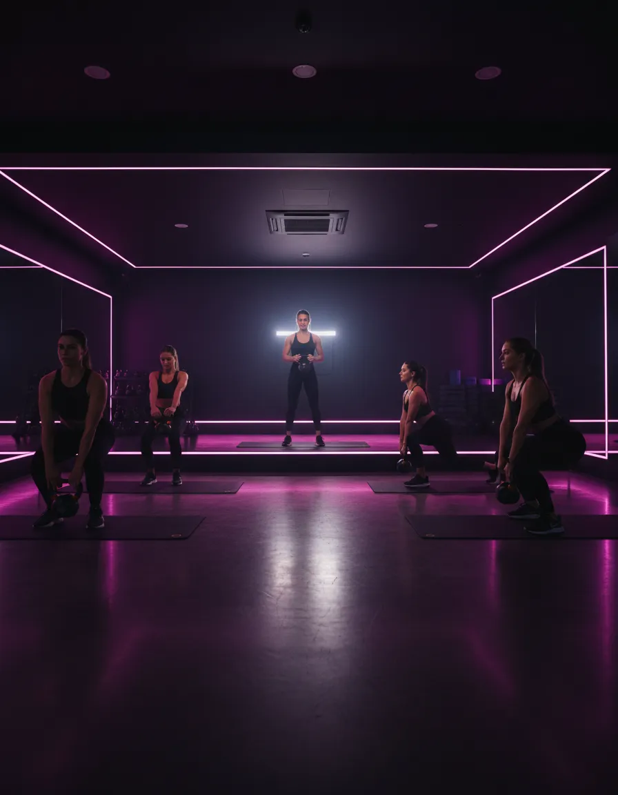 Small group fitness class in a dark modern studio