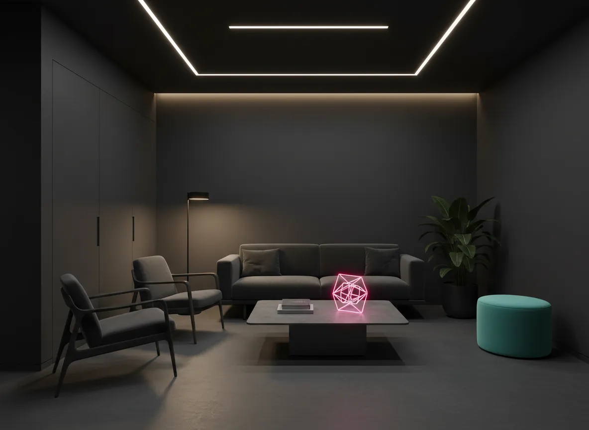Modern studio waiting area with dark aesthetic