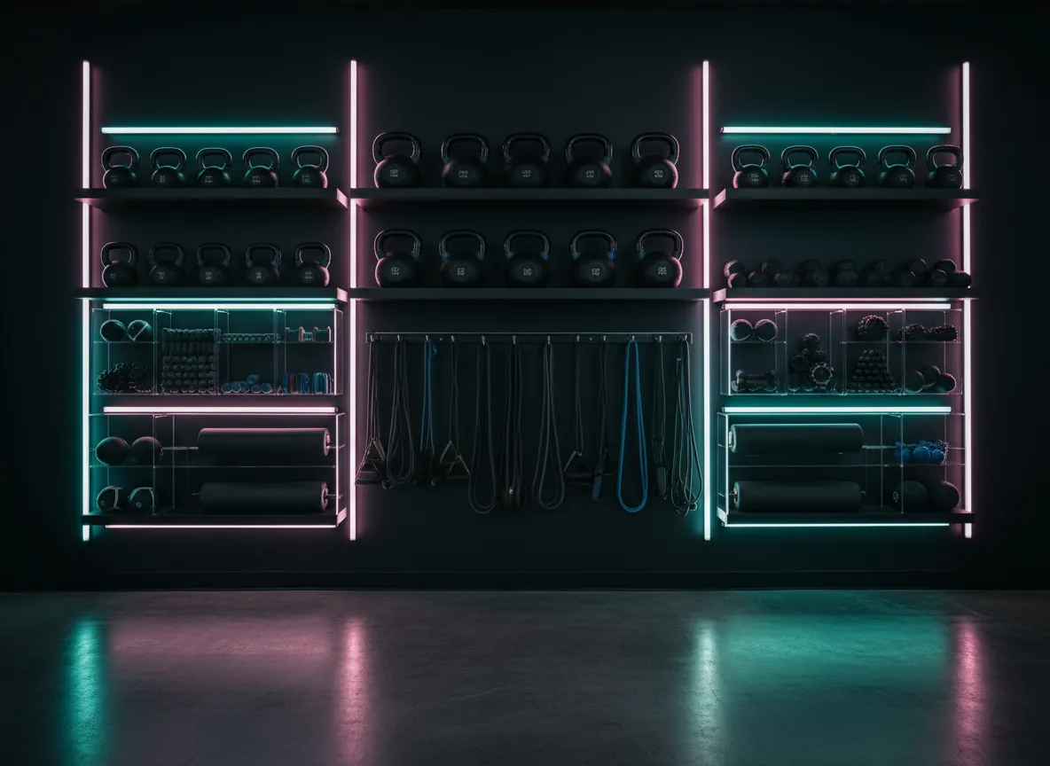 Fitness equipment neatly arranged in studio