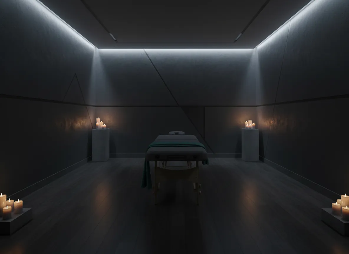 Massage table in a calm, dark studio setting