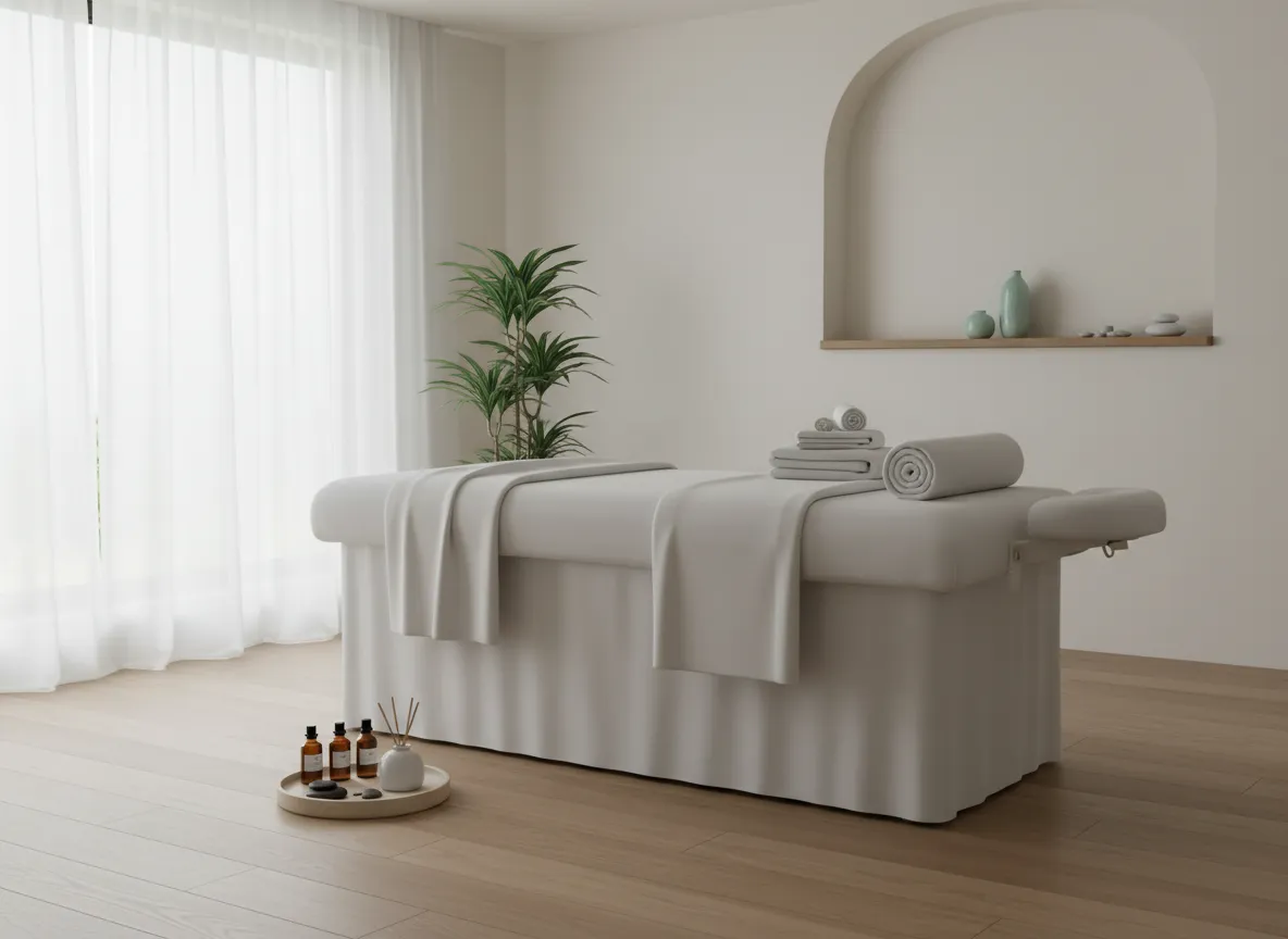 Photorealistic photo of a massage therapist performing a back massage on a client's upper back in a calm studio setting; warm natural light, soft shallow depth-of-field, neutral warm tones, relaxed client, centered composition cropped for a tall column.